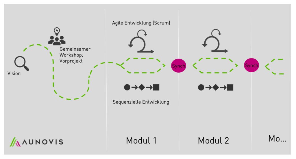 Der Entwicklungsprozess mit sequentiellen sowie agilen Prozessen, aufgeteilt in Module und gemeinsame Synchronisationspunkte